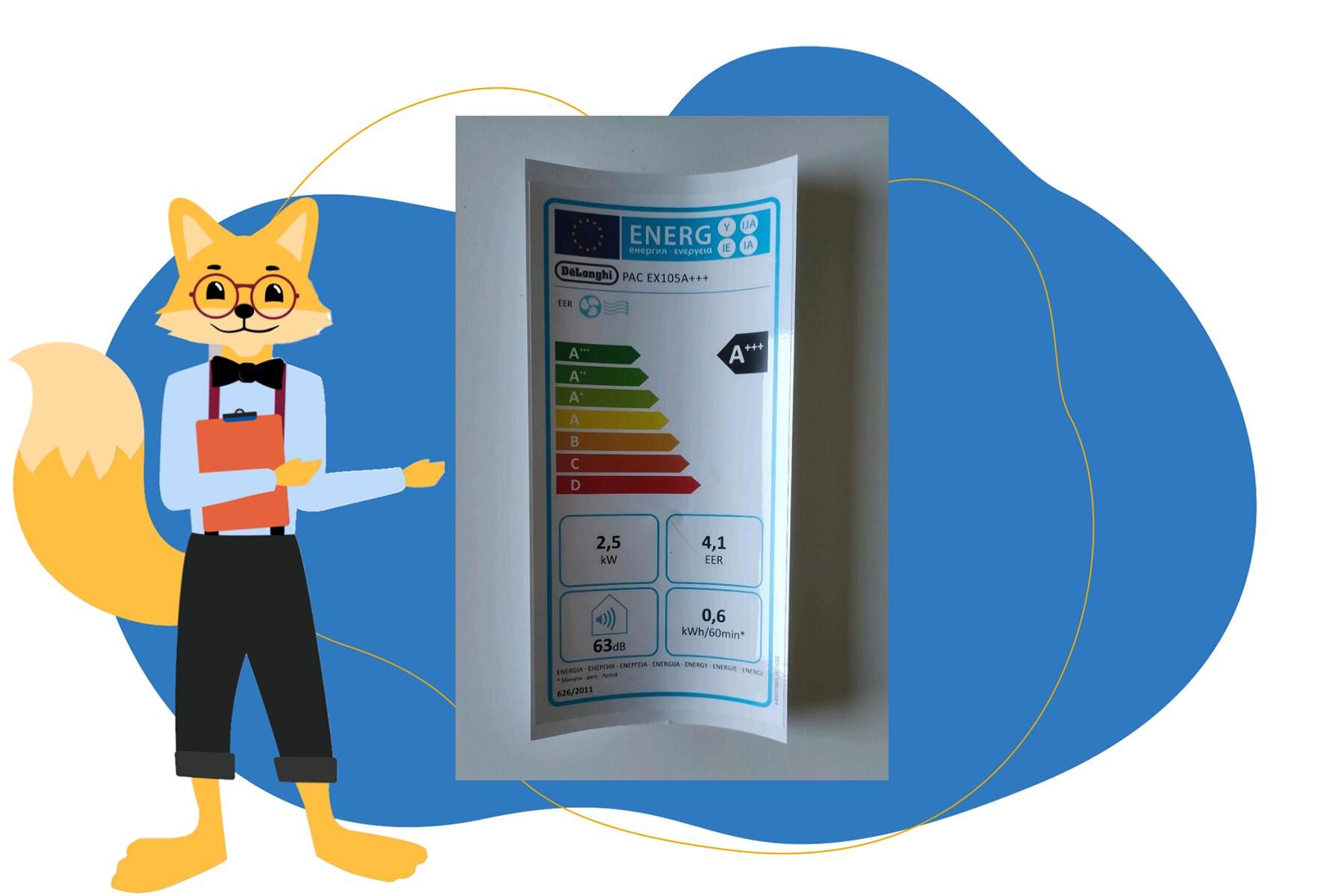 Der Energieausweis und das Energieeffizienzlabel der mobilen Klimaanlage von De’Longhi wird in der Nahaufnahme vom Smart-Home-Fox Experten gezeigt.
